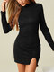 Solid Color Half Collar Long Sleeve Slit Hem Casual Dress - Black