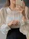 Solid Puff Long Sleeve Crew Neck Blouse For Women - Beige