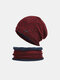 2 Pcs Men Knitted Plus Velvet Argyle Warp Knitting Letter Metal Label Ear Protection Beanie Hat Bib Scarf Set - Wine Red