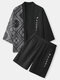 Mens Paisley Scarf Japanese Print Open Front Kimono Two Pieces Outfits - Black