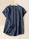 Solid Button Front Short Sleeve Stand Collar Blouse - Navy