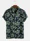 Men 80% Cotton Flower Print Lightweight Breathable Casual Lapel Short Sleeve Shirt - Blue