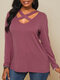 Solid Color Long Sleeve V-neck Casual T-shirt - Red