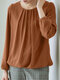 Женская однотонная плиссированная блузка с длинными рукавами и эластичным подолом Шея - коричневый