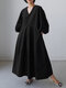 Casual V-neck Puff Sleeve Solid Color Pleated Midi Dress - Black