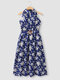 Темно-синий цветочный принт Ремень Качели без рукавов с полой лямкой на шее Платье - Флот