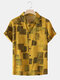 Mens Holiday Color Block Lapel Regular Hem Short Sleeve Shirt - Yellow