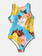 ملابس سباحة نسائية بياقة عالية وطباعة تجريدية الأزهار One قطعة بدون أكمام - أخضر