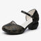 SOCOFY Retro Leather Embossed Floral Buckle Ankle Strap Block Heel D'orsay Pumps - Black