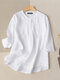 Solid 3/4 Sleeve Pocket Button Front Stand Collar Casual Blouse - White