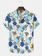 Mens Plant & Circle Print Button Up Holiday Short Sleeve Shirts - Blue