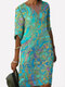 Print V-neck Half Sleeve Plus Size Dress for Women - Green