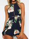 Floral Print Halter Hollow Backless Short Casual Romper for Women - Navy