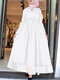 Women Mesh Patchwork Hem Long Sleeve Muslim Maxi Dress With Belt - White