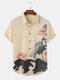 Mens Lotus Ink Painting Print Button Up Short Sleeve Shirts - Apricot