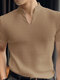 Мужская однотонная вязаная футболка с коротким рукавом и v-образным вырезом - Хаки