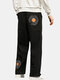 Mens Floral Embroidered Casual Drawstring Waist Loose Straight Pants - Black