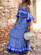 Bohemian Printed Off Shoulder Summer Beach Maxi Dress - Blue