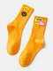 Women Cotton Smile Face Letters Patterned Cloth Label Breathable Medium Stockings Socks - Orange