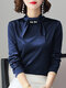Solid Color Pearl Knotted Collar Long Sleeve Elegant Shirt - Navy