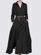 Vestido feminino sólido plissado lapela casual manga comprida maxi - Preto