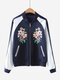Floral Embroidery Stand Collar Vintage Jacket For Women - Blue