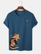 Mens Japanese Cat & Fish Print Crew Neck Short Sleeve T-Shirts - Blue