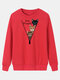Cartoon Cat Printed O-neck Long Sleeve Sweatershirt - Red