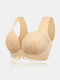 Women Plus Size Front Closure Lace Wide Strap Wireless Gather Thin Bras - Nude