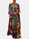 Multi-color Ethnic Print Long Sleeve Vintage Maxi Dress For Women - Red