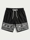 Mens Monochrome Ethnic Pattern Drawstring Waist Shorts With Pocket - Black