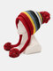 Women Knitted Plus Velvet Ear Protection Color-match Striped Fur Ball Decoration Warmth Beanie Hat - Red