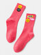 Women Cotton Smile Face Letters Patterned Cloth Label Breathable Medium Stockings Socks - Rose