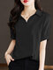 Solid Button Back Lapel Short Sleeve Blouse For Women - Black