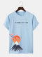 Mens Japanese Cherry Blossoms Mountain Print Short Sleeve T-Shirts - Blue