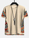 Mens Ethnic Geometric Pattern Stitching Texture Short Sleeve Streetwear T-Shirts - Apricot