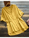 Solid V-neck Short Sleeve Knotted Button Women Blouse - Yellow