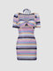 Multi-Striped Print Hollow-out Knotted Dress - Purple