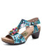 Socofy Genuine Leather Casual Bohemian Sequins T-Strap Heeled Sandals - Blue