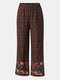 Bohemian Floral Print Pocket Long Loose Casual Pants for Women - Red