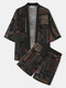 Mens All Over Vintage Letter Print Kimono Two Pieces Outfits - Red