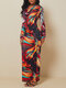 Vintage Printed Long Sleeve Pile Collar Maxi Dress - Red