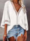 Solid Lace Stitch V-neck 3/4 Sleeve Loose Blouse For Women - White