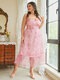 Plus Size Wedding Tube Top Floral Print Backless Patchwork Dress - Pink