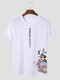 Mens Japanese Cartoon Cat Printed Crew Neck Short Sleeve T-Shirt - White