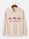Mens Floral Letter Embroidered Quarter Zip Lapel Corduroy Sweatshirts - Apricot