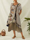 Abstract Print Button Plus Size Patchwork Dress for Women - Khaki