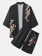 Mens Floral Print Open Front Kimono Two Pieces Outfits - Black