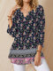 Estampa floral com decote em V 3/4 Comprimento manga Plus blusa tamanho feminino - Marinha