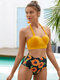 Plus Size Women Sunflower Print Underwire Halter High Waisted Bikinis Swimsuit - Yellow